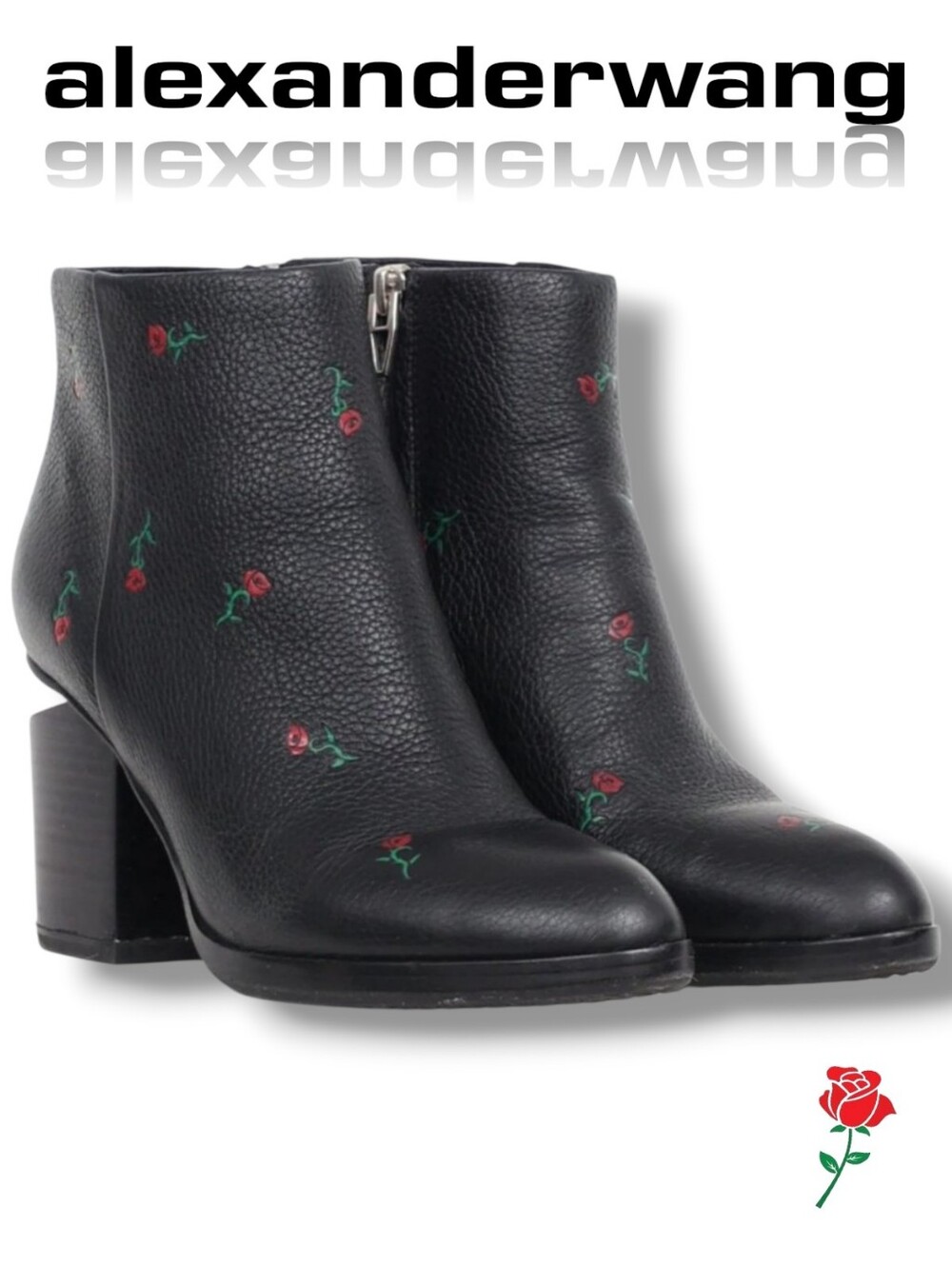 NWT Alexander Wang Gabi Black Pebbled Leather Rose Embroidered Ankle Boots 10.5